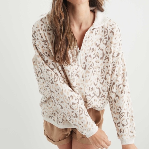 aerie Tops - Aerie Women M Beige Leopard Print Good Vibes Oversized Quarter Zip Sweatshirt